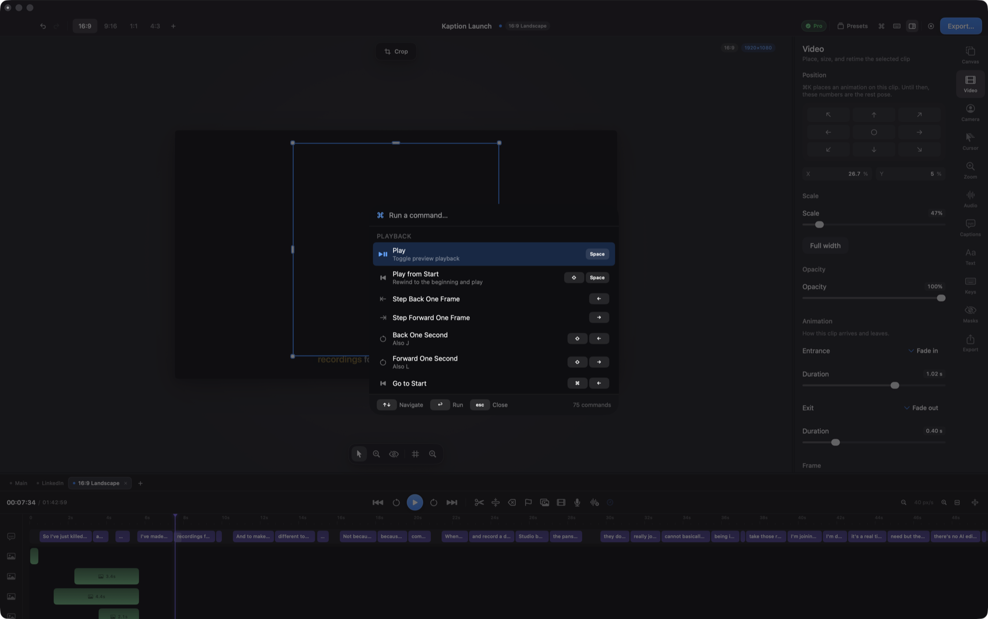The command palette, opened over the editor.
