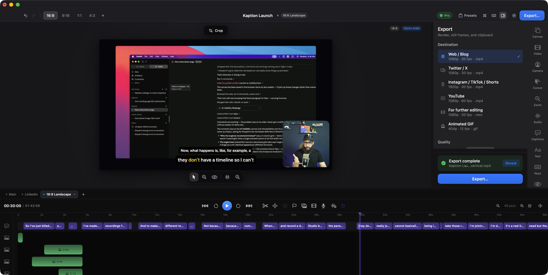 The Kapture editor: canvas in the middle, inspector on the right, timeline below.