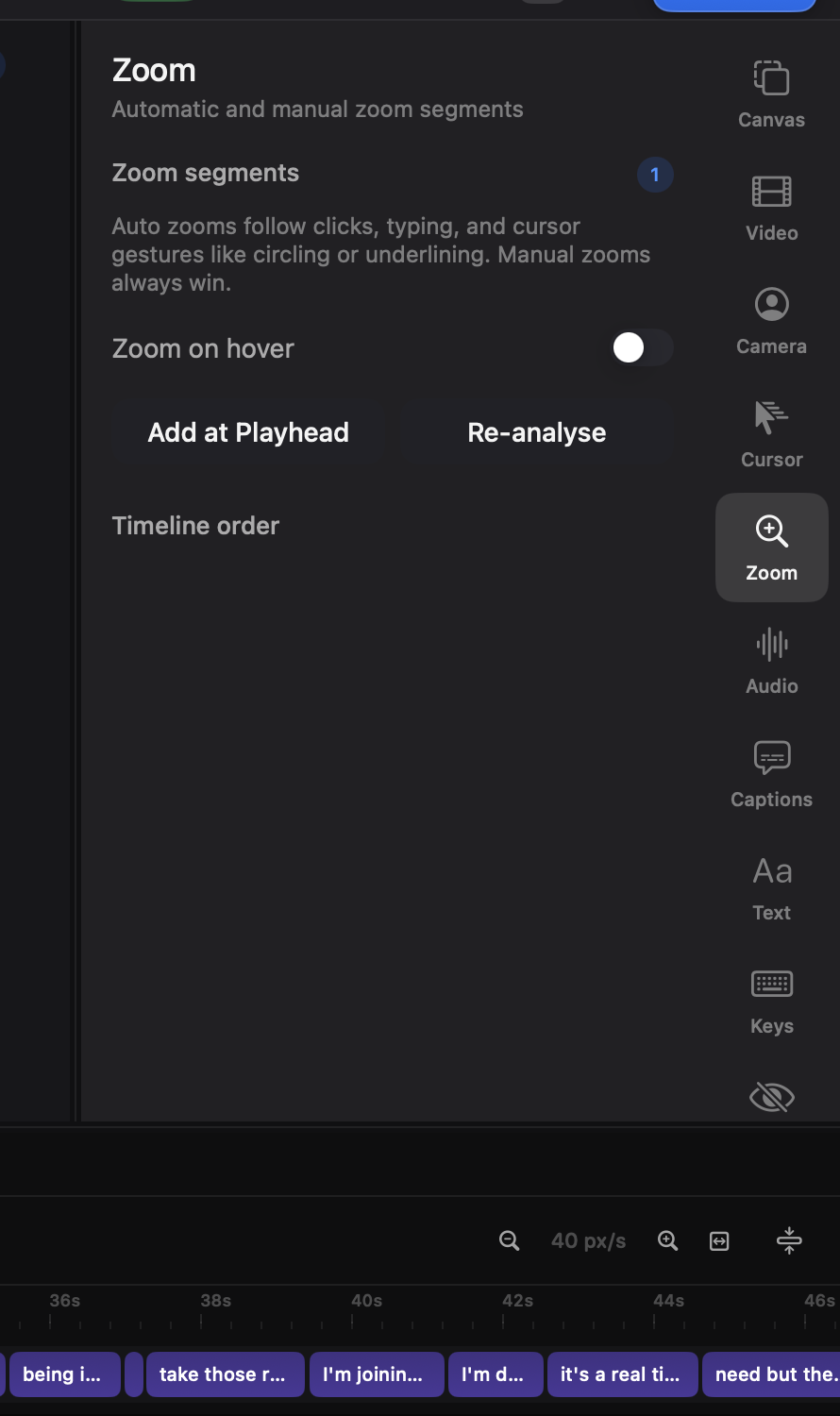 The Zoom tab lists every zoom keyframe.